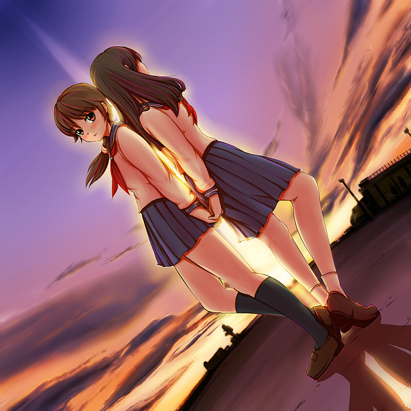 2girls back-to-back black_socks blush brown_hair famicom_tantei_club holding_hands kneehighs kojima_youko long_hair maruwa_tarou multiple_girls neckerchief ponytail red_neckerchief school_uniform serafuku socks sunset tachibana_ayumi white_legwear