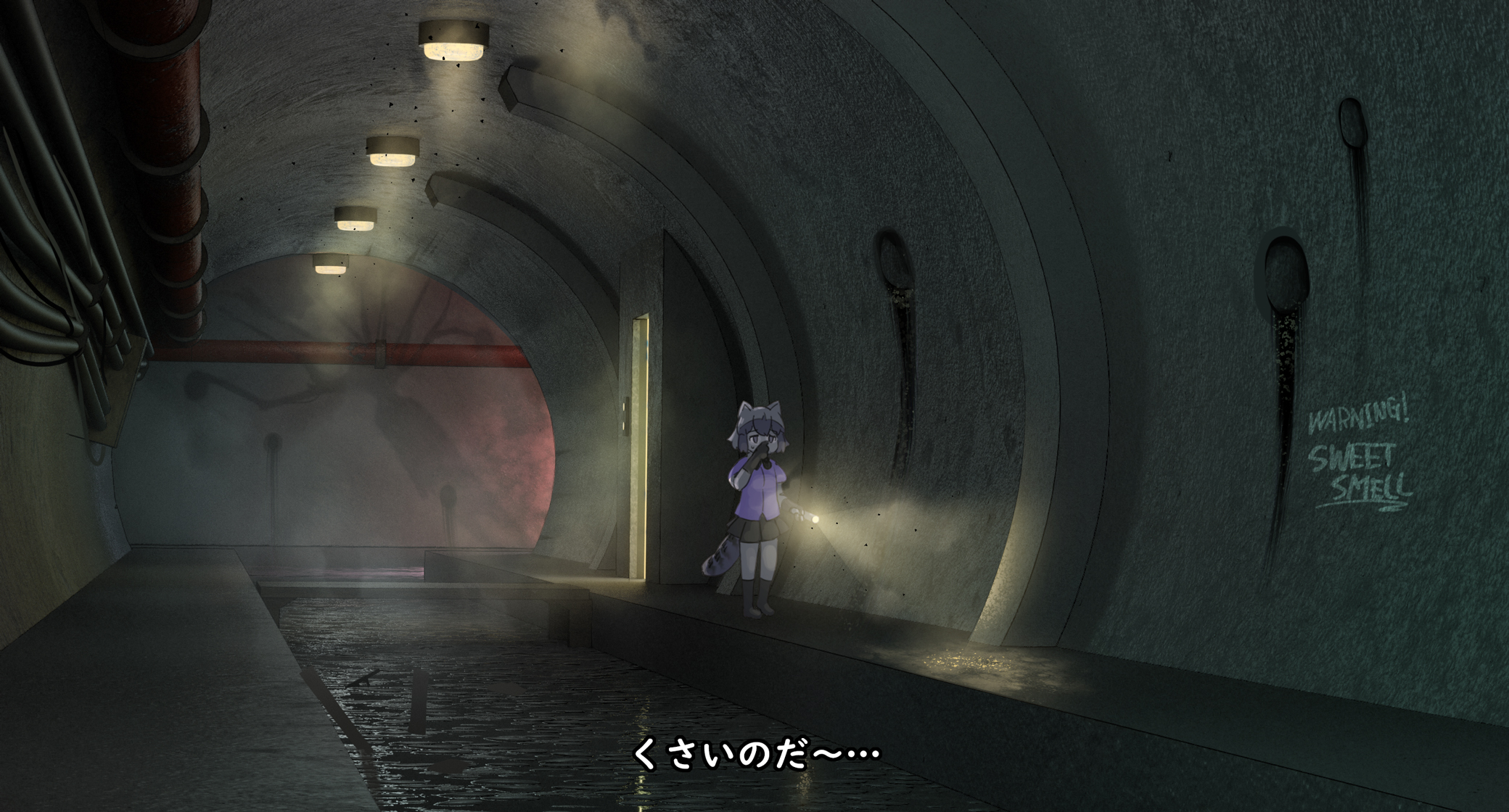 1girl abubu animal_ears arai-san_mansion ceiling_light commentary_request common_raccoon_(kemono_friends) elevator_door english_text flashing flashlight fur_collar gloves highres holding holding_flashlight holding_nose horror_(theme) industrial_pipe kemono_friends raccoon_ears raccoon_girl raccoon_tail sewer shadow short-sleeved_sweater short_sleeves skirt solo striped_tail sweater tail translation_request tunnel water writing_on_wall
