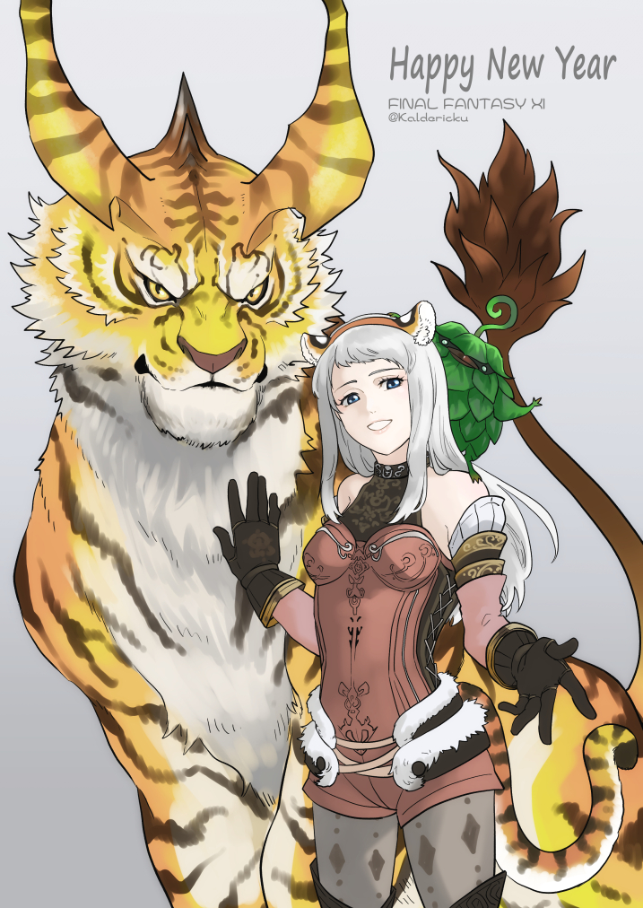 1girl animal_ears arciela_v_adoulin bare_shoulders black_gloves blue_eyes breasts chinese_zodiac copyright_name cowboy_shot creature creature_on_shoulder darrcuiln detached_sleeves diamond_(shape) eyelashes final_fantasy final_fantasy_xi fur_trim gloves gradient_background grey_hair grey_pantyhose hairband happy_new_year jumpsuit leafkin legs_apart long_hair long_sleeves new_year on_shoulder orange_hairband pantyhose pink_lips pink_sleeves print_pantyhose red_jumpsuit saginada short_jumpsuit small_breasts smile solo standing striped_tail tail tiger tiger_ears tiger_tail twitter_username year_of_the_tiger