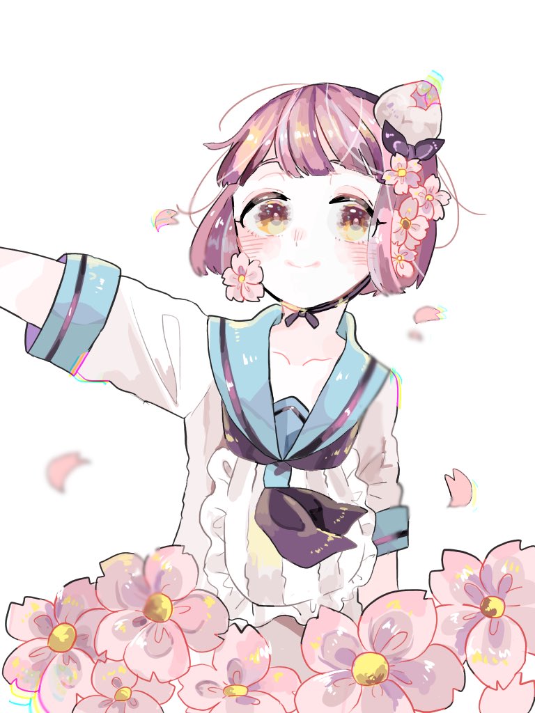 1girl black_neckerchief blue_sailor_collar blush female_focus flower hair_flower hair_ornament hairband hanataro_(sruvhqkehy1zied) looking_at_viewer mahou_shoujo_ikusei_keikaku neckerchief petals pink_flower pink_hair sailor_collar shirt short_hair short_sleeves simple_background smile snow_white_(mahoiku) solo upper_body white_background white_shirt yellow_eyes