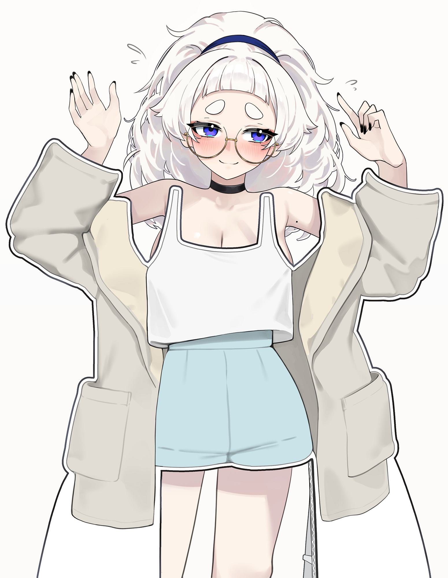 1girl arms_up bare_shoulders black_choker black_nails blue_eyes blush breasts choker cleavage closed_mouth collarbone flying_sweatdrops glasses highres large_breasts long_hair meg_(wakamepiza) mole mole_on_arm original round_eyewear smile solo thick_eyebrows wakamepiza white_hair yellow-framed_eyewear