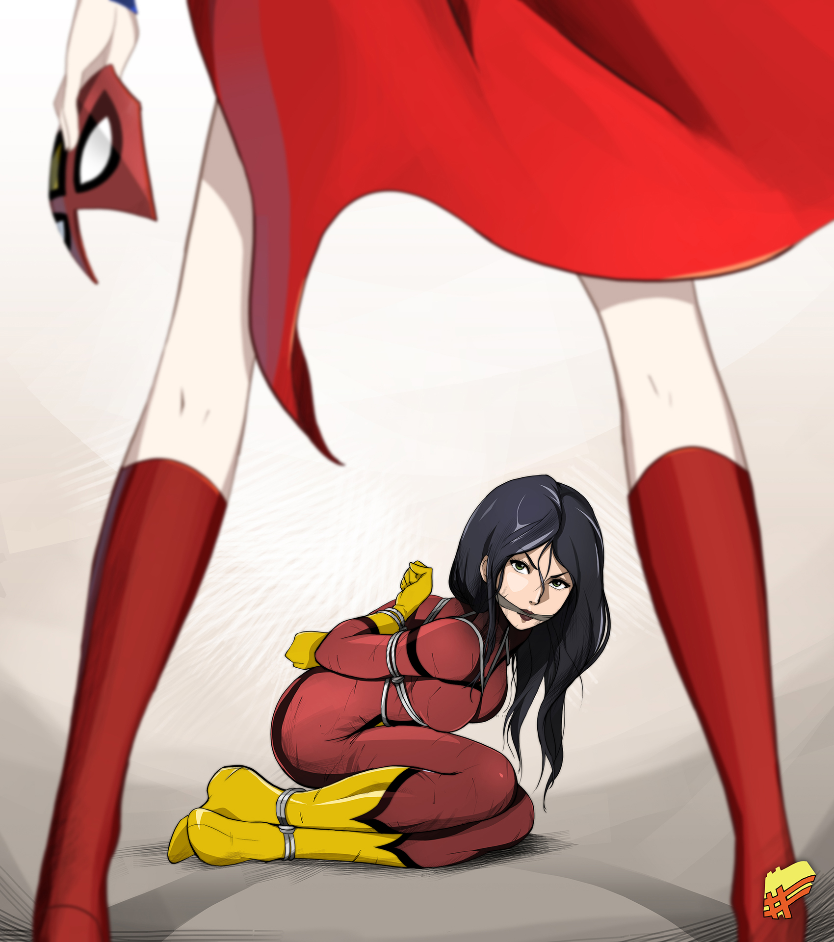 spider lady bondage sharpffffff, jessica drew, spider-woman, supergirl, dc comics, marvel, red  footwear, highres, 2girls, bdsm, black hair, bodysuit, bondage, bound,  bound arms, bound legs, cape, crossover, gagged, gradient background,  kryptonian, legs, legs apart, long