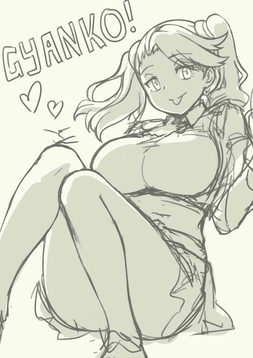 1girl :p breasts character_name closed_mouth commentary_request feet_out_of_frame greyscale gundam gundam_build_fighters gundam_build_fighters_try heart highres hyper_gyanko large_breasts looking_at_viewer medium_hair monochrome pas_(paxiti) sazaki_kaoruko sketch smile solo tongue tongue_out twintails