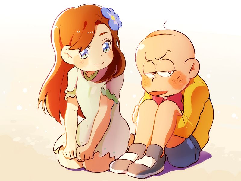 10s 1boy 1girl bald blue_flower blush bow bowtie chibita closed_mouth dress embarrassed flower flower_fairy_(osomatsu-kun) flower_girl_(osomatsu-kun) gradient_background hair_flower hair_ornament half-closed_eyes hetero hugging_own_legs long_hair long_sleeves looking_at_another open_mouth orange_hair osomatsu-kun osomatsu-san osomatsu_(series) red_bow red_bowtie seiza shoes short_sleeves shorts sitting smile swept_bangs whiskers white_dress xxxceller