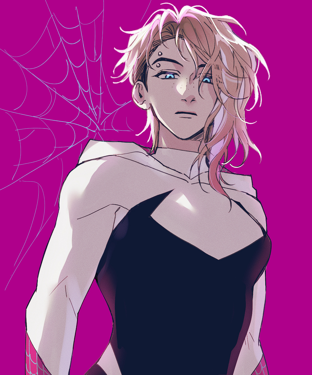 1girl aqua_eyes blonde_hair blue_eyes breasts closed_mouth eyebrow_piercing face_piercing gugusam0 gwen_stacy hair_between_eyes highres marvel medium_breasts piercing serious simple_background solo spider-gwen spider-man:_across_the_spider-verse spider-man_(series) spider-verse spider-woman standing superhero_costume upper_body
