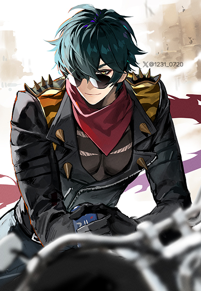 1boy artist_name black_gloves black_jacket closed_mouth cowboy_shot gloves green_hair hair_between_eyes hair_over_one_eye jacket lighter_(zenless_zone_zero) male_focus motor_vehicle np_(1231_0720) outdoors red_scarf scarf short_hair sidelocks sitting smile solo sunglasses yellow_eyes zenless_zone_zero