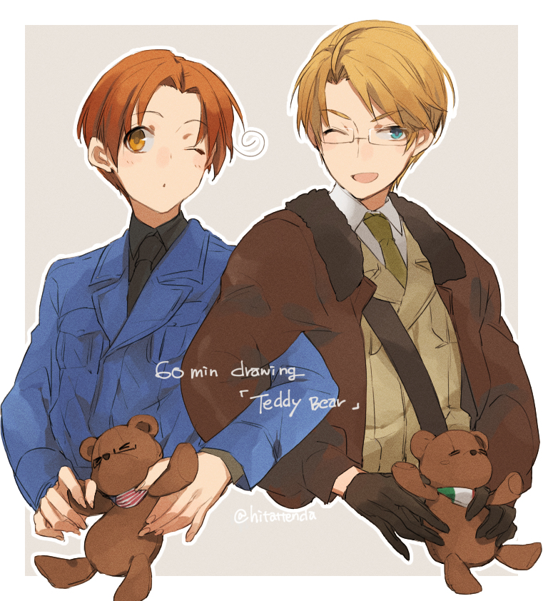&gt;_&lt; 2boys ahoge america_(hetalia) american_flag american_flag_print artist_name axis_powers_hetalia belt black_belt black_gloves black_necktie black_shirt blonde_hair blue_eyes blue_jacket blush border brown-framed_eyewear brown_hair brown_jacket collared_shirt english_text fingernails flag_print fur-trimmed_jacket fur_trim glasses gloves green_necktie grey_background hita_(hitapita) holding holding_stuffed_toy italian_flag italian_flag_print jacket lapels long_sleeves looking_to_the_side male_focus military_jacket military_uniform multiple_boys necktie non-web_source northern_italy_(hetalia) one-hour_drawing_challenge one_eye_closed open_clothes open_jacket open_mouth orange_eyes outside_border puffy_long_sleeves puffy_sleeves semi-rimless_eyewear shirt short_hair simple_background smile stuffed_animal stuffed_toy teddy_bear upper_body white_border white_shirt