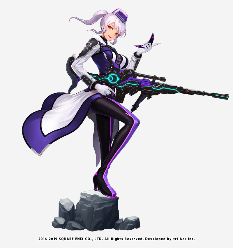 1girl black_boots boots coat collar collared_coat commentary_request copyright_notice dual_wielding eyelashes full_body fur-trimmed_collar fur_trim gloves gun hat high_heel_boots high_heels holding holding_gun holding_weapon katarina_(star_ocean) kijimoto_yuuhi lipstick long_sleeves looking_at_viewer makeup military_hat military_uniform official_art open_mouth orange_eyes ponytail purple_coat purple_hat rock short_hair simple_background sleeveless sleeveless_coat smile solo standing_on_rock star_ocean star_ocean_anamnesis tan thigh_boots weapon white_background white_collar white_gloves white_hair white_lips white_sleeves