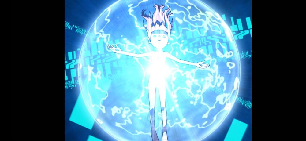 1girl anime_screenshot barefoot biomerge closed_eyes completely_nude convenient_censoring digimon digimon_tamers energy floating_hair fusion makino_ruki matrix_evolution nude official_art open_mouth outstretched_arms pink_hair solo toei_animation transformation