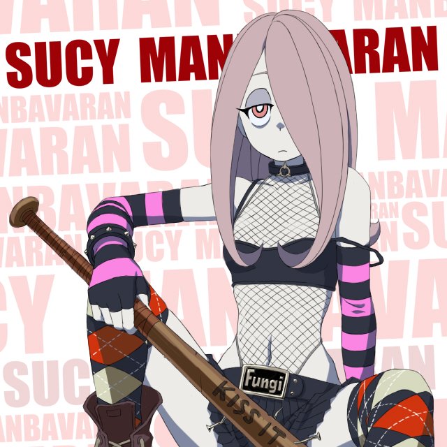 1girl alternate_costume argyle_clothes argyle_thighhighs baseball_bat black_thighhighs breasts character_name collar covered_collarbone english_text fishnet_leotard fishnets frown gloves half-closed_eyes halterneck holding holding_baseball_bat leotard leotard_under_clothes light_purple_hair little_witch_academia long_hair nail nail_(hardware) nail_bat narrow_waist navel one_eye_covered pale_skin parted_bangs pink_hair red_thighhighs satochi skirt small_breasts solo spread_legs striped_clothes striped_gloves sucy_manbavaran swept_bangs thighhighs white_background wide_hips witch
