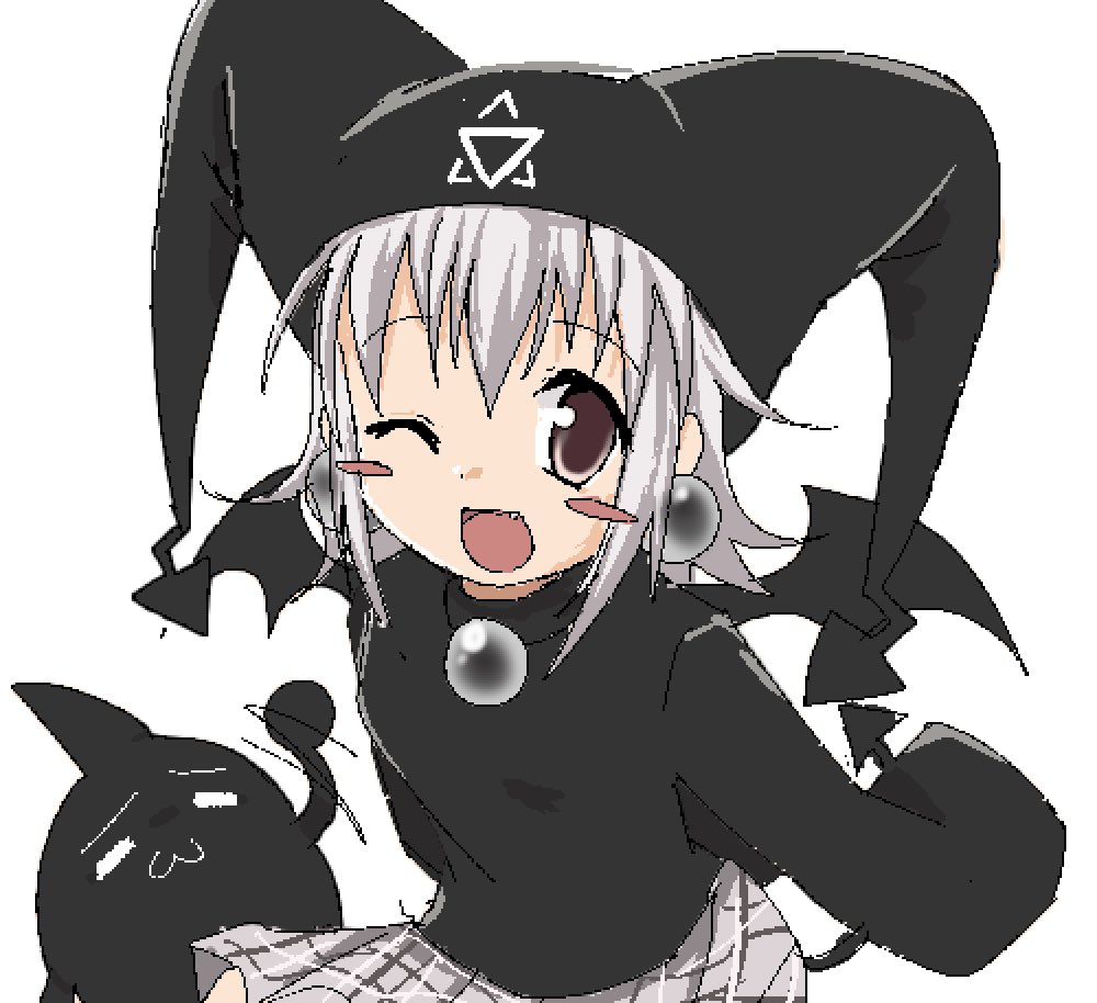 1girl 2000s_(style) black_hat black_sweater blush_stickers commentary creature english_commentary grey_hair hat hexagram jaggy_lines kuro_unyuu looking_at_viewer mayura one_eye_closed onlinepetclub open_mouth orb short_hair solo sweater ukagaka waving white_background
