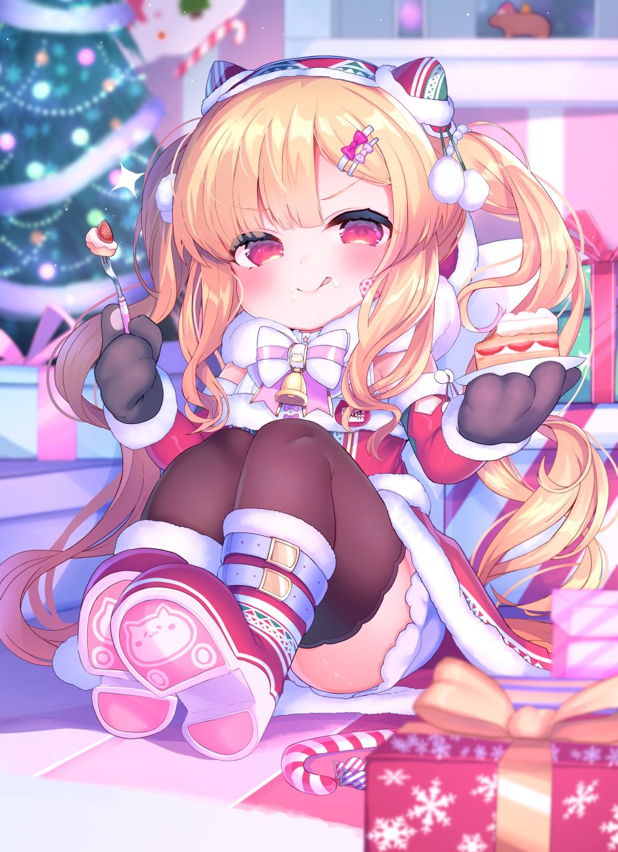 1girl :q animal_ears asymmetrical_bangs bell black_mittens black_thighhighs blonde_hair blurry blurry_background boots bow bowtie box cake cake_slice candy candy_cane character_request christmas christmas_tree closed_mouth commentary_request copyright_request detached_sleeves dress eating food food_on_face fork full_body fur-trimmed_boots fur-trimmed_dress fur-trimmed_sleeves fur_collar fur_trim gift gift_box hair_bow hair_ornament hairclip highres holding holding_fork holding_plate indoors light_particles long_hair long_sleeves looking_at_viewer mittens name_tag neck_bell pink_bow plate pom_pom_(clothes) pom_pom_hair_ornament red_boots red_dress red_eyes red_sleeves shoe_soles sidelocks sleeveless sleeveless_dress smile solo strawberry_cake thighhighs tongue tongue_out twintails v-shaped_eyebrows very_long_hair white_bow white_bowtie yinpa_(wanone500511)