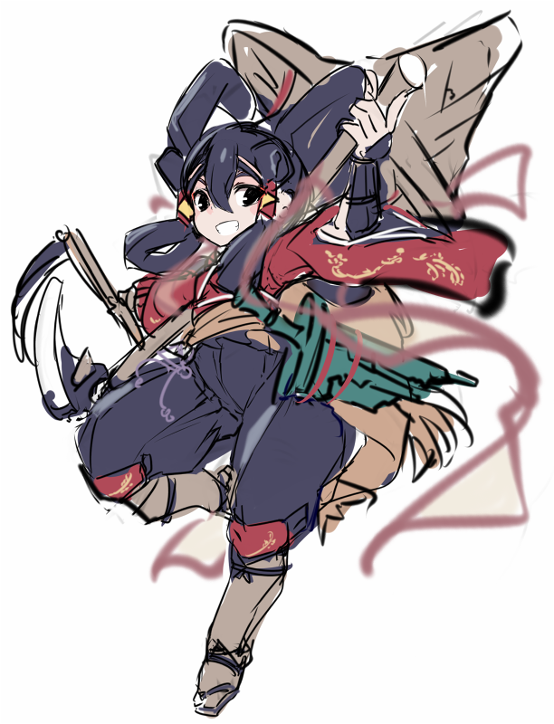 1girl arm_guards arm_up black_eyes black_hair black_pants grin hair_between_eyes hair_rings holding japanese_clothes karukan_(monjya) kimono long_sleeves pants red_kimono sakuna-hime sickle simple_background smile solo tensui_no_sakuna-hime v-shaped_eyebrows white_background wide_sleeves