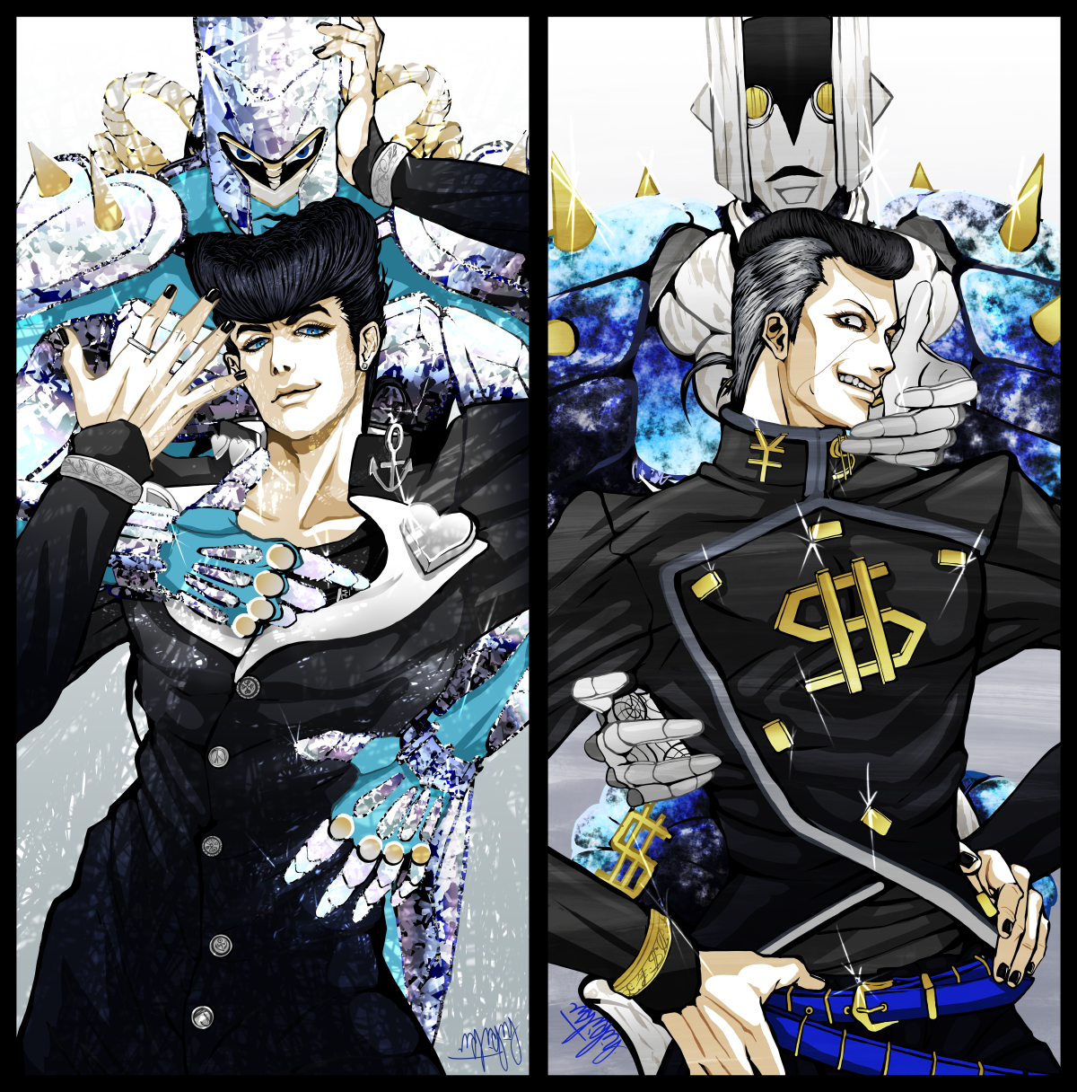 2boys aqua_eyes belt black_eyes black_hair black_nails brooch collarbone crazy_diamond dollar_sign earrings facial_mark gakuran grey_hair grin hands_on_own_hips heart higashikata_josuke highres jewelry jojo_no_kimyou_na_bouken jubako_(nest_of_boxes) male_focus multicolored_hair multiple_boys nail_polish nijimura_okuyasu peace_symbol pillarboxed pompadour profile ring school_uniform signature smile spikes stand_(jojo) stud_earrings the_hand_(stand) two-tone_hair upper_body yen_sign