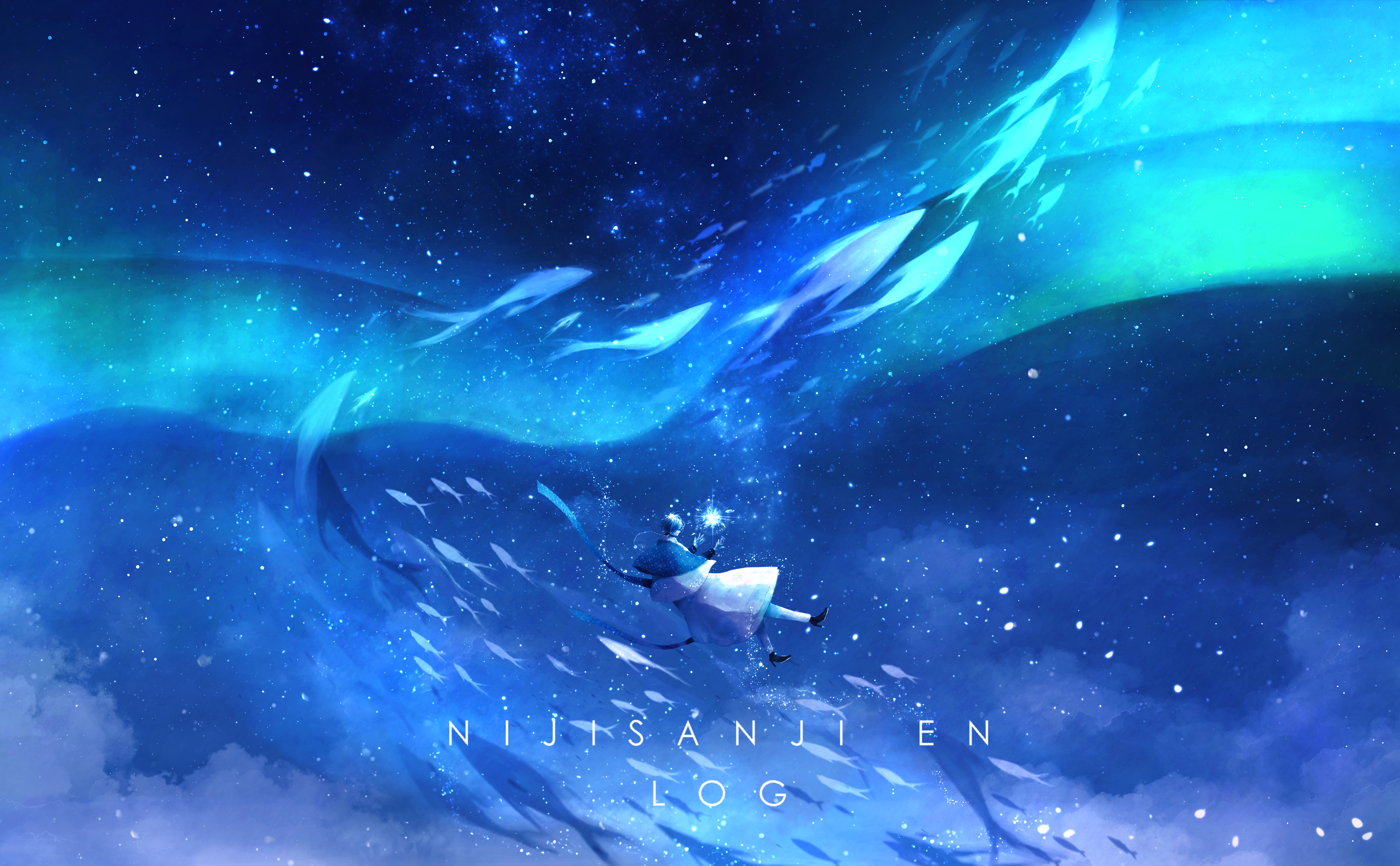 1boy aurora black_shoes blue_capelet blue_hair blue_scarf blue_theme capelet coat copyright_name english_text fish flying_fish from_behind full_body glowing high_heels highres ike_eveland ike_eveland_(1st_costume) iso-shigi male_focus night night_sky nijisanji nijisanji_en pants scarf school_of_fish shoes sky solo star_(sky) starry_sky virtual_youtuber white_coat white_pants wide_shot