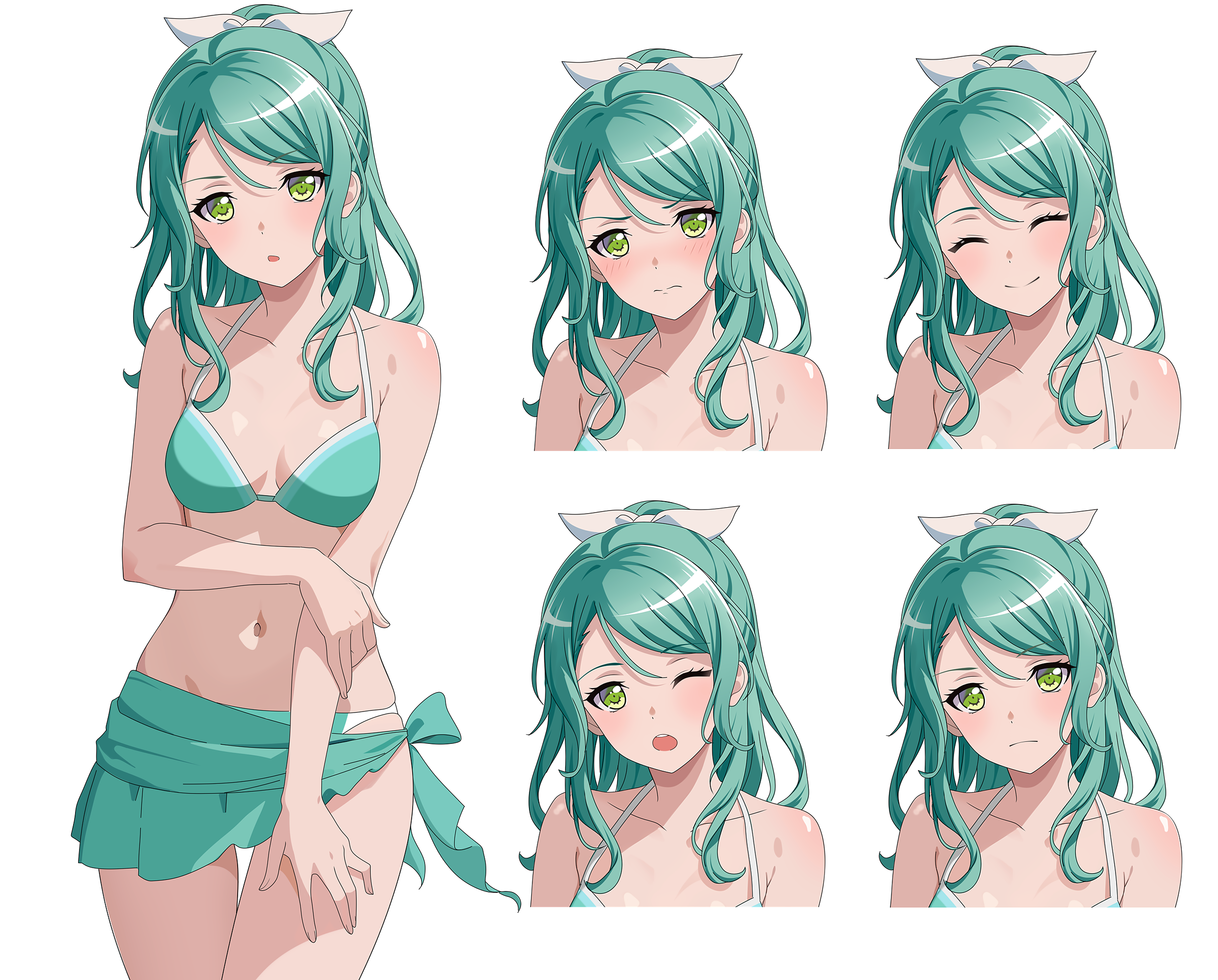 1girl aqua_bikini aqua_bra aqua_hair aqua_panties aqua_sarong bang_dream! bikini blush bow bra breasts closed_eyes collarbone commentary cowboy_shot embarrassed english_commentary fries_vanquisher green_eyes hair_bow hand_on_own_thigh highres hikawa_sayo holding_own_arm looking_at_viewer multiple_views navel one_eye_closed panties parted_lips ponytail sarong shadow small_breasts smile stomach swimsuit underwear