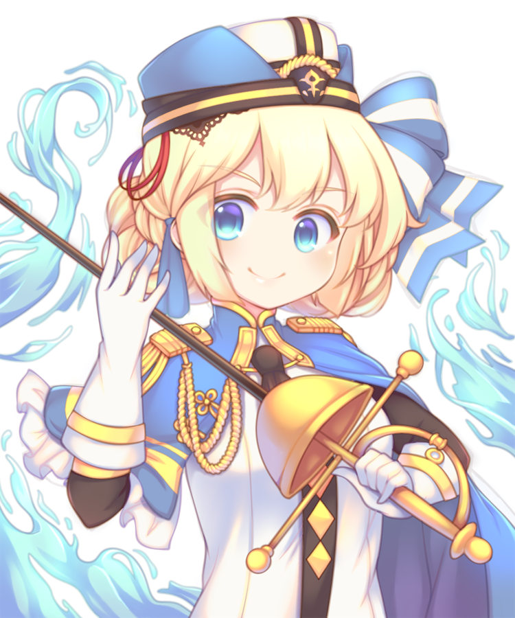 &gt;:) 1girl azur_lane black_neckwear blonde_hair blue_cape blue_eyes bow cape closed_mouth commentary_request elbow_gloves female_focus gloves hair_bow hardy_(azur_lane) hat holding holding_sword holding_weapon long_sleeves looking_at_viewer saber_(weapon) sakurato_ototo_shizuku shirt simple_background smile solo sword upper_body v-shaped_eyebrows water weapon white_background white_gloves white_hat white_shirt