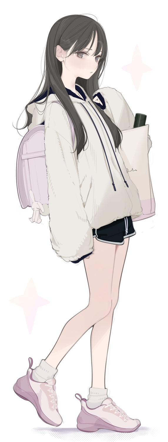 1girl ama_mitsuki backpack bag black_hair black_shorts commentary_request from_side full_body highres hood hoodie legs long_hair long_sleeves multicolored_shoes original pink_shoes shoes short_shorts shorts simple_background sneakers solo standing thighs two-tone_shoes white_background white_hoodie white_shoes