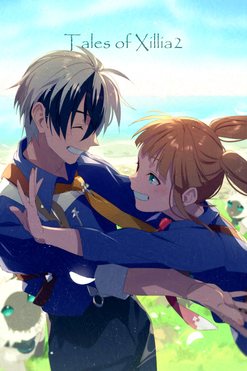 1boy 1girl black_hair blush brown_hair cat copyright_name echo_(circa) elle_mel_martha grass imminent_hug long_hair ludger_will_kresnik multicolored_hair necktie outdoors rollo_(tales) smile tales_of_(series) tales_of_xillia tales_of_xillia_2 twintails two-tone_hair