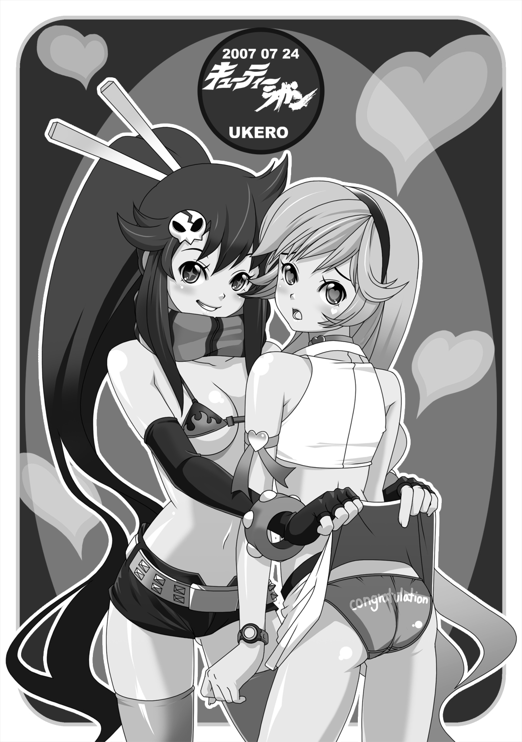 +_+ 00s 2007 2girls artist_name ass assisted_exposure bare_shoulders belt bikini bikini_top_only clothes_lift congratulations crossover cutie_honey dated elbow_gloves fingerless_gloves gloves grin hair_ornament heart heart-shaped_pupils highres kisaragi_honey long_hair looking_at_viewer looking_back midriff miniskirt monochrome multiple_girls open_mouth panties ponytail scarf short_shorts shorts skirt skirt_lift skull skull_hair_ornament smile swimsuit symbol-shaped_pupils tengen_toppa_gurren_lagann thighhighs toei_animation ukero underwear very_long_hair watch wristwatch yoko_littner zettai_ryouiki