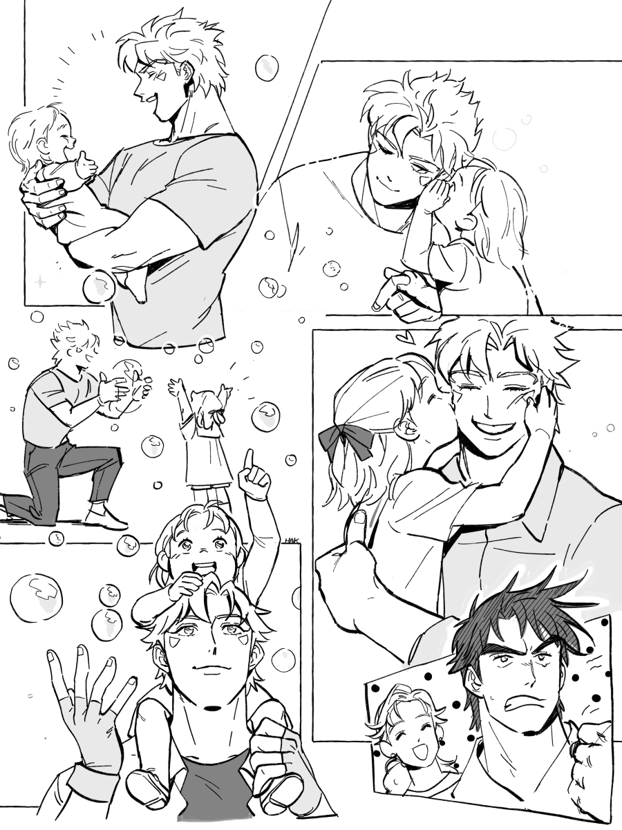 aged_down alternate_universe baby bubble caesar_anthonio_zeppeli cheek_kiss child comic double_cheek_kiss family fingerless_gloves gloves greyscale hakmonss highres jojo_no_kimyou_na_bouken joseph_joestar joseph_joestar_(young) kiss kissing_cheek kuujou_holly monochrome suzi_q toddler whispering