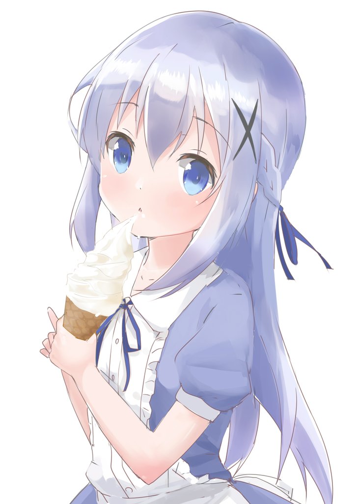 1girl :o apron blue_bow blue_dress blue_eyes blue_hair bow child commentary dress food frilled_apron frills gochuumon_wa_usagi_desu_ka? hair_between_eyes hair_bow hair_ornament holding holding_food holding_ice_cream ice_cream ice_cream_cone kafuu_chino light_blush long_hair looking_at_viewer open_mouth puffy_short_sleeves puffy_sleeves short_sleeves sidelocks simple_background sleeveless sleeveless_dress soft_serve solo tsubaki_(tatajd) white_apron white_background x_hair_ornament