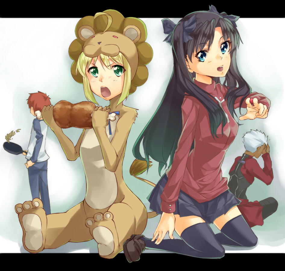 2girls ahoge animal_costume archer_(fate) artoria_pendragon_(fate) black_hair blonde_hair blue_eyes boned_meat ef-clannad emiya_shirou fate/stay_night fate/tiger_colosseum fate_(series) food green_eyes lion_costume long_hair meat multiple_girls saber_(fate) saber_lion thighhighs tohsaka_rin two_side_up