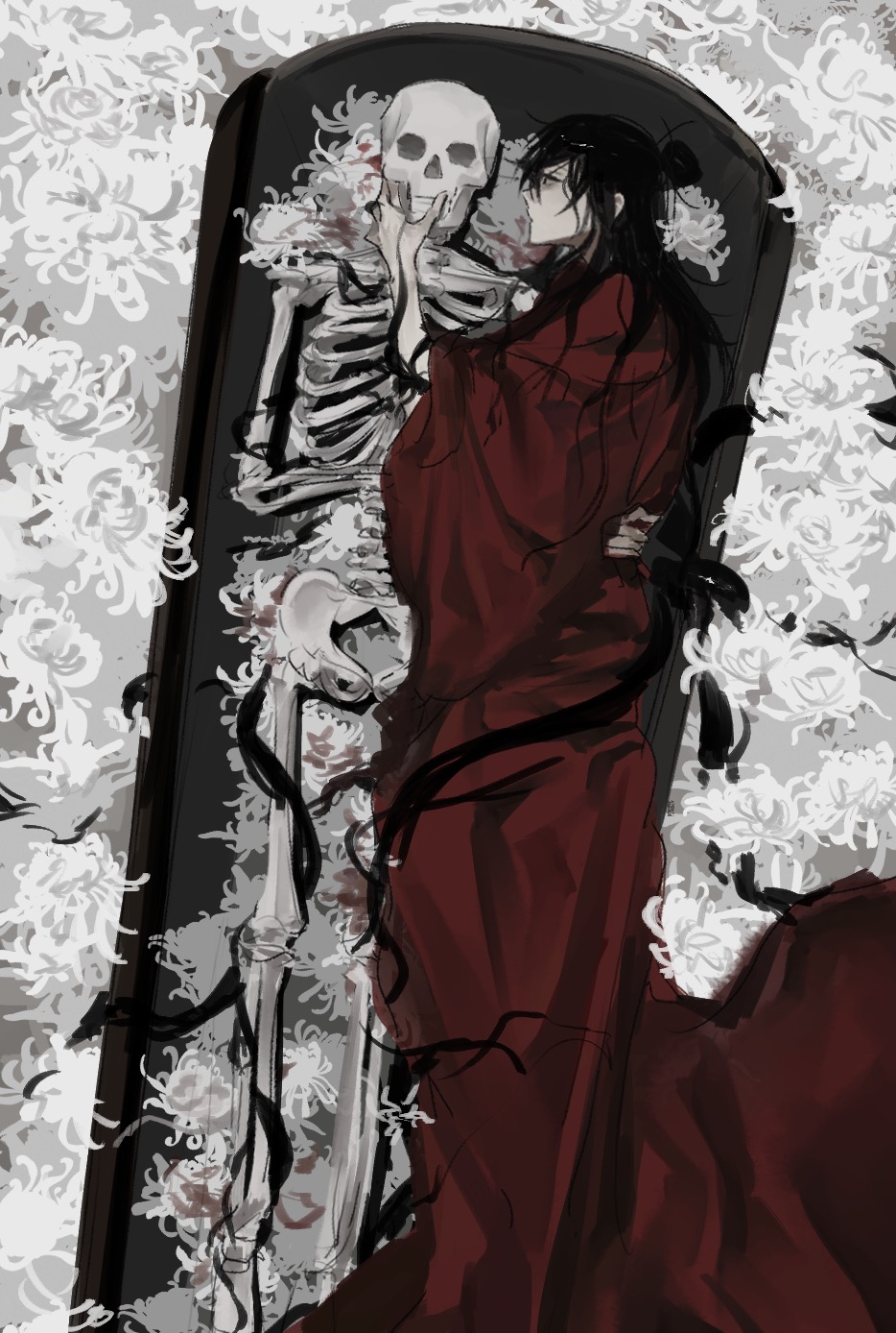 1boy black_hair blood blood_on_clothes blood_on_flower bone chinese_clothes chinese_commentary coat coffin creature dao_gui_yi_xian flower hair_bun hanfu highres hug implied_yaoi li_huowang li_sui_(tentacles) long_hair long_sleeves lying male_focus on_side profile red_coat ribs robe single_hair_bun skeleton skull solo tentacles torn_clothes white_flower wide_sleeves xinjinjumin3253637