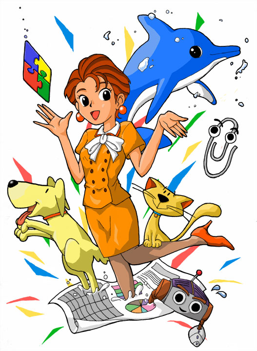 1girl breasts brown_hair brown_legwear cat clippy creature dog dogs dolphin earrings f1_(office_assistant) facing_viewer floating flying_sweatdrops food_themed_earrings high_heels jewelry kairu_the_dolphin kimtsi links_(office_assistant) looking_at_viewer microsoft microsoft_office miniskirt office_assistant office_lady office_logo_(office_assistant) orange_earrings orange_shirt orange_skirt paperclip pencil_skirt pumps red_earrings red_footwear robot rocky_(office_assistant) saeko_sensei_(office_assistant) secretary shirt shoes short_hair short_sleeves simple_background skirt skirt_set small_breasts smile sphere_earrings splashing standing standing_on_one_leg tongue tongue_out w_arms white_background white_legwear white_neckwear