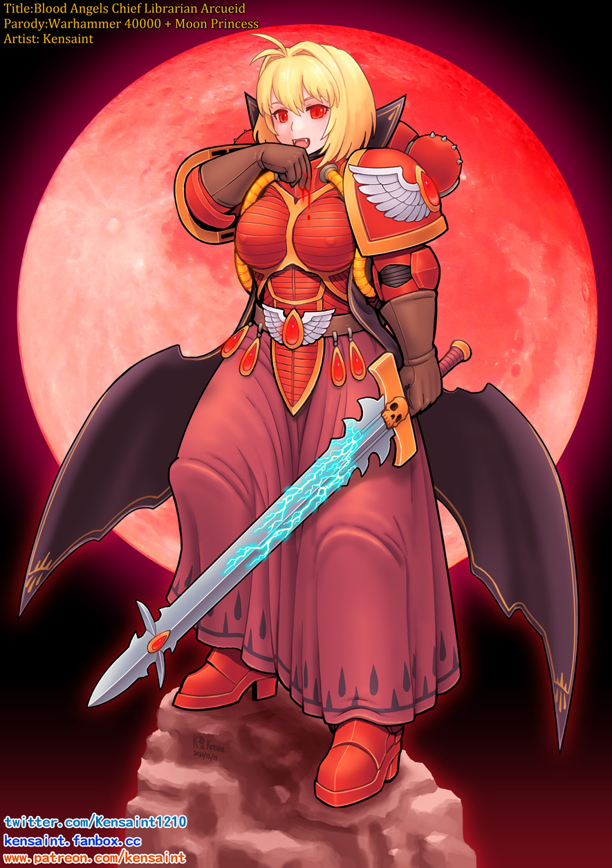 1girl arcueid_brunestud armor blonde_hair blood capelet fangs full_moon hair_intakes highres holding holding_sword holding_weapon kensaint mephiston_(40k) moon pauldrons power_armor primaris_space_marine red_eyes red_moon short_hair shoulder_armor solo space_marine sword tsukihime tsukihime_(remake) vampire warhammer_40k weapon