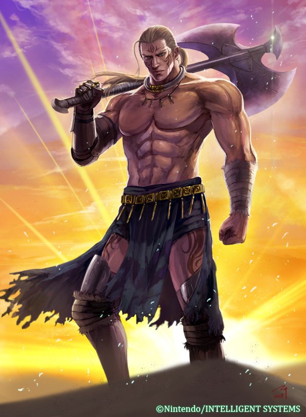 1boy abs artist_name axe bandages blonde_hair copyright_name facial_mark fire_emblem fire_emblem_cipher gloves hawkeye_(fire_emblem) jewelry long_hair low_ponytail male_focus manly navel necklace nintendo official_art ponytail sand single_glove soeda_ippei solo sun topless_male