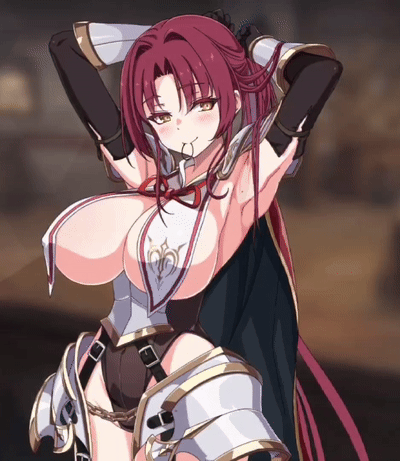 1girl animated animated_gif armor armpits arms_behind_head arms_up belt blurry blurry_background bouncing_breasts breasts cape chain character_request detached_sleeves gold hairband hairband_in_mouth kay_(lost_sword) large_breasts lost_sword:_tales_of_britania ponytail red_hair rubber_band smile underboob yellow_eyes