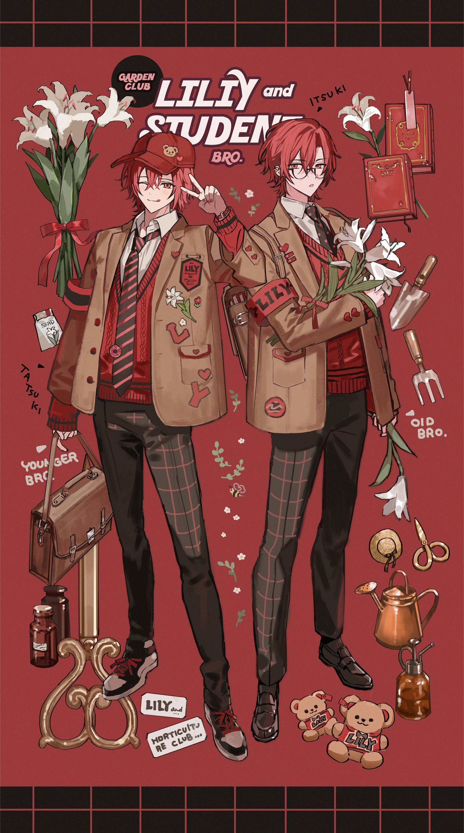 2boys :q absurdres animal_print bag bear_print black_necktie black_pants black_shoes book bookmark bouquet bracelet brothers brown_jacket character_name checkered_clothes checkered_pants closed_mouth commentary crossed_bangs diagonal-striped_clothes diagonal-striped_necktie donut_print ear_piercing english_commentary english_text flower food_print full_body glasses hair_between_eyes hat heart heart_print highres holding holding_bag holding_flower jacket jewelry lily_(flower) looking_at_viewer male_focus multiple_boys nana_tetra necktie one_eye_closed open_clothes open_jacket open_mouth original pants piercing plant_name polka_dot_necktie red_background red_eyes red_hair red_hat red_nails red_necktie red_ribbon red_sweater_vest ribbon scissors seed semi-rimless_eyewear shirt shoes short_hair shoulder_bag siblings sneakers standing straw_hat striped_clothes stuffed_animal stuffed_toy sweater_vest teddy_bear tongue tongue_out trowel two-tone_necktie v watering_can white_flower white_lily white_shirt