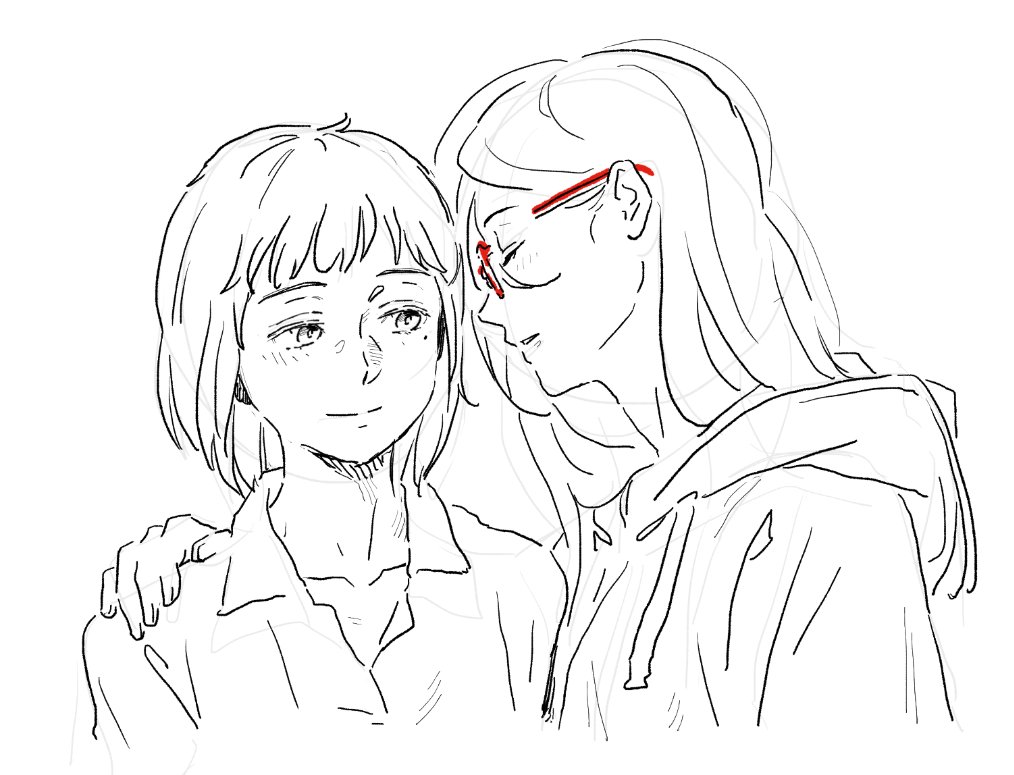 2girls bad_id bad_twitter_id bob_cut closed_eyes collarbone collared_shirt commentary glasses glub000 greyscale hair_behind_ear hand_on_another&#039;s_shoulder hibike!_euphonium hood hood_down hoodie inactive_account long_hair looking_at_another mole mole_under_eye monochrome multiple_girls nakaseko_kaori parted_lips red-framed_eyewear shirt short_hair sketch smile spot_color symbol-only_commentary tanaka_asuka upper_body