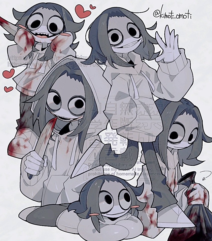 1boy arrow_(symbol) bag bags_under_eyes black_bag black_eyes blood blood_on_clothes blood_on_hands bloody_knife blush_stickers closed_mouth colored_skin creepypasta drawstring empty_eyes full_body glasgow_smile grey_background grey_hair grey_pants grin hand_in_pocket hashtag-only_commentary heart holding holding_bag holding_knife hood hood_down hood_up hoodie jeff_the_killer kimoti_omoti knife long_sleeves looking_at_viewer looking_down looking_to_the_side lying male_focus medium_hair multiple_views no_pupils on_stomach open_mouth pants puffy_long_sleeves puffy_sleeves sharp_teeth simple_background smile standing standing_on_one_leg teeth trash_bag upper_teeth_only watermark waving white_footwear white_hoodie white_skin wide-eyed