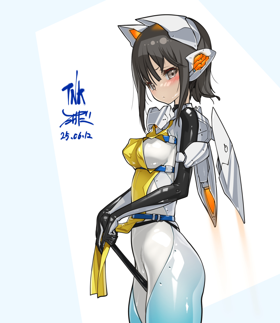1girl bodysuit breasts brown_hair clothing_aside frontal_wedgie green_eyes impossible_bodysuit impossible_clothes long_hair looking_at_viewer mecha_musume original panties panties_aside sidelocks skin_tight small_breasts solo standing takada_kazuhiro underwear wedgie