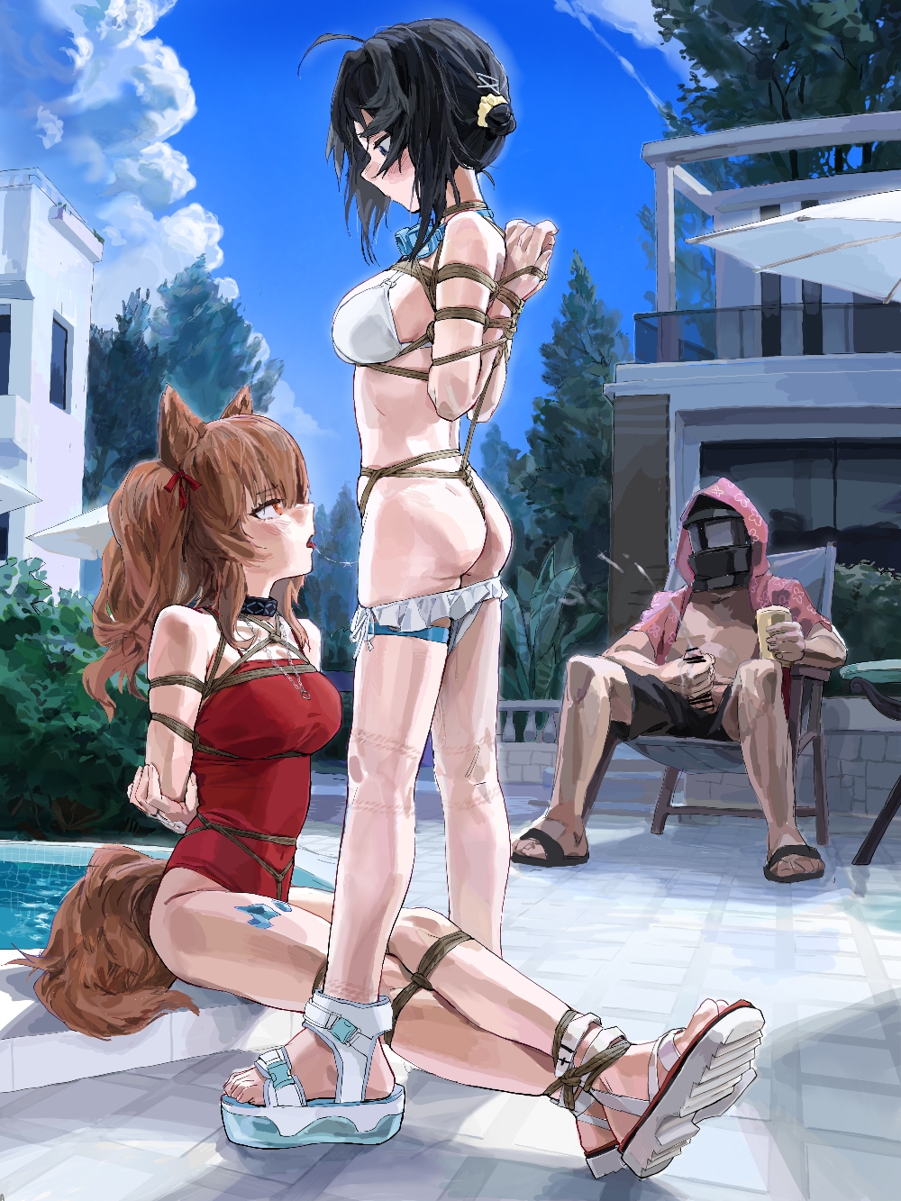 1boy 2girls a_tea angelina_(arknights) angelina_(summer_flower)_(arknights) arknights arms_behind_back ass bdsm black_hair bondage bound breasts brown_hair collar crotch_rope cum cunnilingus doctor_(arknights) highres la_pluma_(arknights) la_pluma_(summer_flowers)_(arknights) large_breasts long_hair male_doctor_(arknights) mask masturbation medium_breasts multiple_girls official_alternate_costume one-piece_swimsuit oral red_eyes restrained shibari shibari_over_clothes swimsuit tail thigh_strap thighhighs zettai_ryouiki