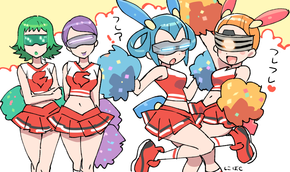 ! 4girls :d :o aliana_(pokemon) animal_ears arms_behind_back blue-tinted_eyewear blue_hair blush_stickers bryony_(pokemon) celosia_(pokemon) cheerleader gen_3_pokemon green-tinted_eyewear green_hair green_lips hair_rings heart holding holding_pom_poms lipstick mable_(pokemon) makeup minun multiple_girls navel nibo_(att_130) nintendo open_mouth orange-tinted_eyewear orange_hair plusle pokemon pokemon_(creature) pokemon_adventures pom_pom_(cheerleading) pom_poms purple-tinted_eyewear purple_hair purple_lips shirt short_hair skirt smile team_flare tinted_eyewear tongue translation_request visor