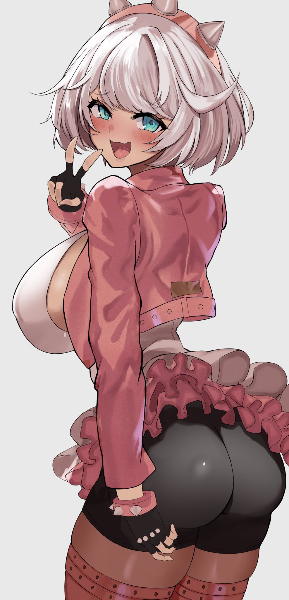 1girl aqua_eyes ass bike_shorts black_gloves black_shorts blue_eyes blush bracelet breasts covered_erect_nipples cowboy_shot cropped_jacket dress elphelt_valentine embarrassed fingerless_gloves from_behind gloves grey_hair guilty_gear guilty_gear_strive hairband highres huge_ass jacket jewelry large_breasts long_sleeves looking_at_viewer looking_back medium_hair open_mouth pink_hairband pink_jacket pink_thighhighs sato_one1 shorts shorts_under_dress sideboob simple_background smile solo spiked_bracelet spiked_hairband spiked_jacket spikes thighhighs two-tone_dress v white_background white_hair zettai_ryouiki