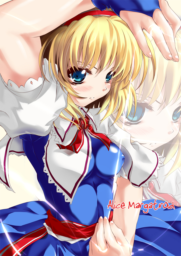1girl alice_margatroid blonde_hair blue_eyes breasts bridal_gauntlets female_focus hairband nimu short_hair solo string touhou zoom_layer