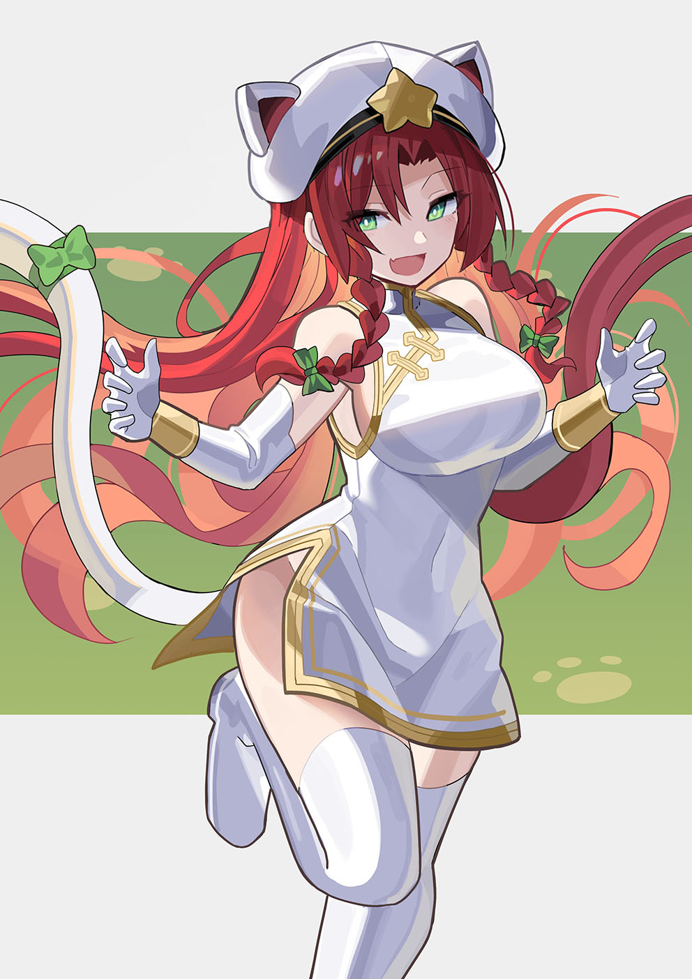 1girl :d alternate_costume animal_ears animal_hat boots braid breasts cat_ears cat_hat china_dress chinese_clothes commentary dress elbow_gloves falken_(yutozin) gloves green_eyes hair_between_eyes hat highres hong_meiling looking_to_the_side no_panties open_mouth red_hair revision smile solo standing standing_on_one_leg thighhighs touhou twin_braids white_boots white_dress white_gloves white_hat white_thighhighs