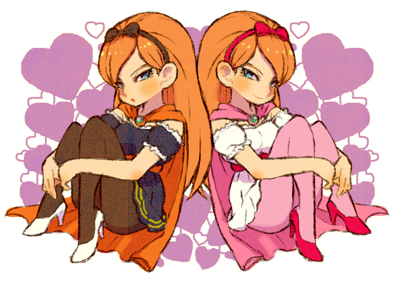 2girls black_bow black_dress black_hairband black_pantyhose blue_eyes bow bow_hairband cape commentary_request dragon_quest dragon_quest_x dress hairband heart high_heels iyakika knees_to_chest long_hair looking_at_viewer looking_to_the_side mirror_twins multiple_girls off_shoulder open_mouth orange_cape orange_hair pantyhose pink_bow pink_cape pink_hairband pink_pantyhose pink_shoes rizerotta_(dq10) rukoria_(dq10) shoes siblings sisters twins white_dress white_footwear