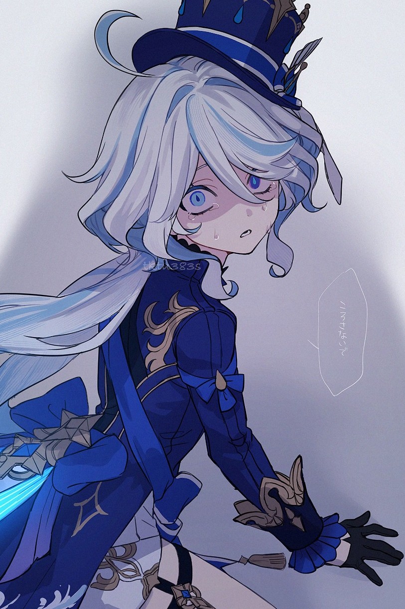 ahoge artist_name back_bow black_gloves blue_bow blue_eyes blue_hair blue_hat blue_shirt bow commentary_request drop-shaped_pupils from_above furina_(genshin_impact) genshin_impact gloves hair_between_eyes hand_on_floor hat heterochromia highres horrified long_hair looking_at_viewer multicolored_hair parted_lips shaded_face shadow shirt shorts simple_background solo speech_bubble streaked_hair symbol-shaped_pupils tears thigh_strap tofu_(bean359) very_long_hair white_background white_hair white_shorts wide-eyed