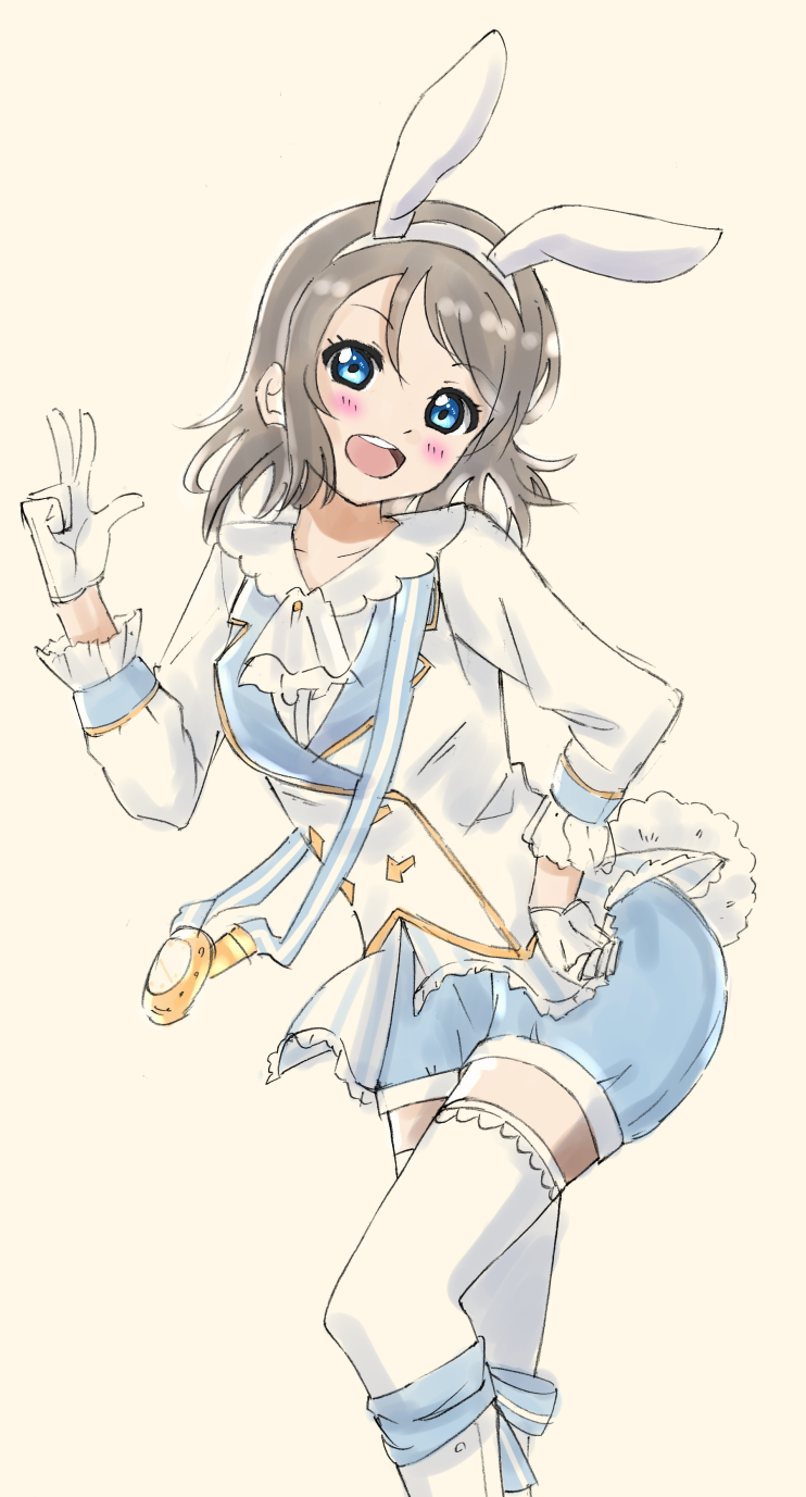 1girl animal_ears arm_up blue_eyes blush brown_hair highres looking_at_viewer love_live! love_live!_sunshine!! rabbit_ears rabbit_tail short_hair simple_background skt_(ryxxxxx) smile solo tail thighs watanabe_you waving