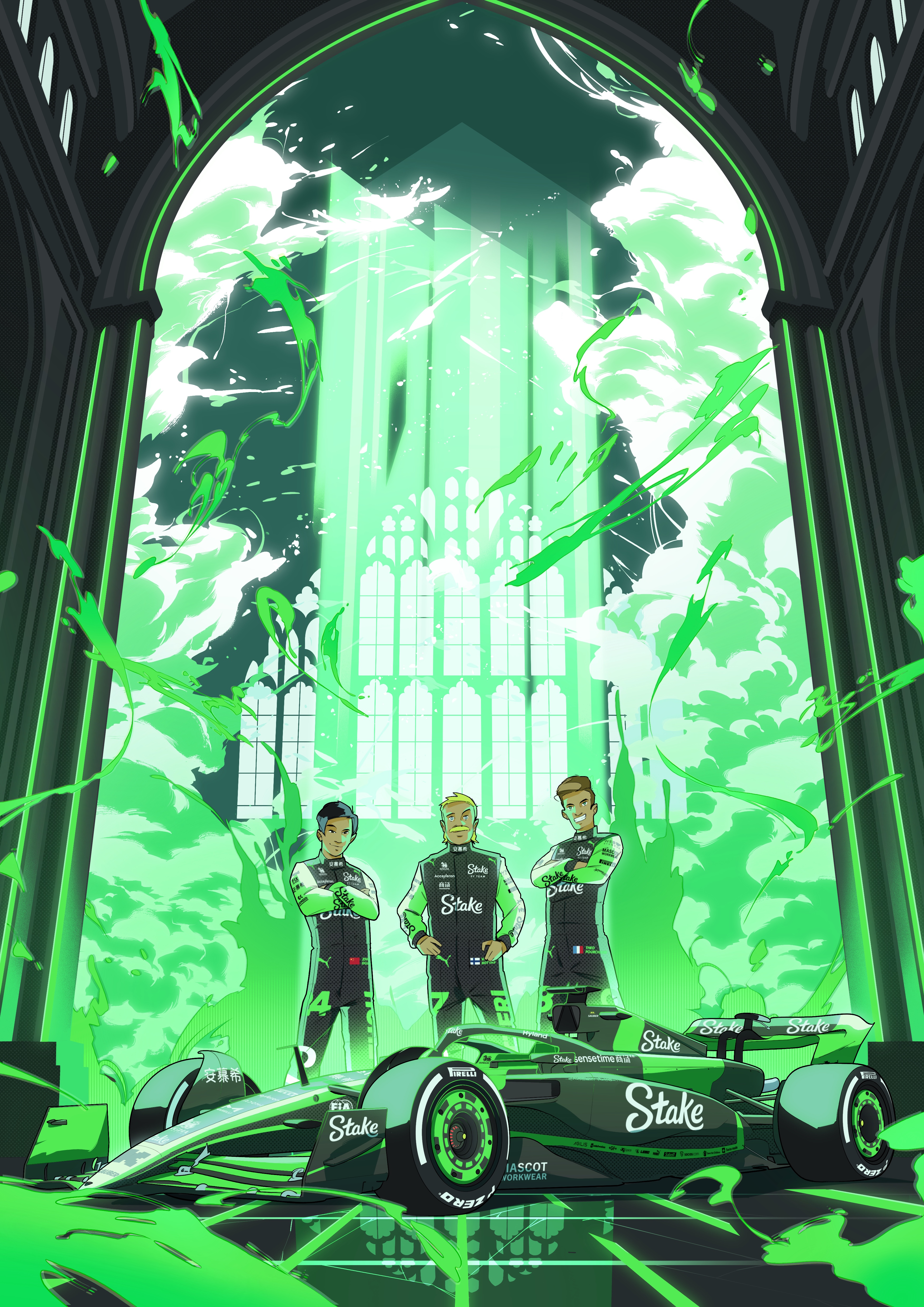 3boys absurdres black_hair blonde_hair blue_eyes brown_hair car cathedral facial_hair formula_one formula_racer french_flag green_car hands_on_own_hips highres indoors juan_alcala looking_at_viewer male_focus motor_vehicle multiple_boys mustache official_art parted_lips people's_republic_of_china_flag race_vehicle racecar real_life sauber sauber_c44 smile spoiler_(automobile) swiss_flag textless_version theo_pourchaire valtteri_bottas vehicle_focus zhou_guanyu