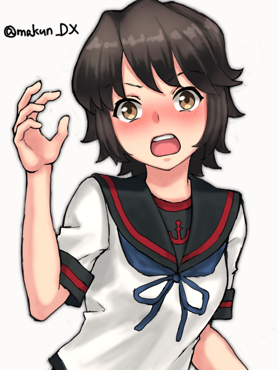 1girl black_hair black_sailor_collar blue_neckerchief brown_eyes highres kantai_collection looking_at_viewer maakun_(makun_dx) miyuki_(kancolle) miyuki_kai_ni_(kancolle) neckerchief one-hour_drawing_challenge open_mouth sailor_collar sailor_shirt shirt short_hair simple_background solo teeth twitter_username upper_body upper_teeth_only white_background white_shirt