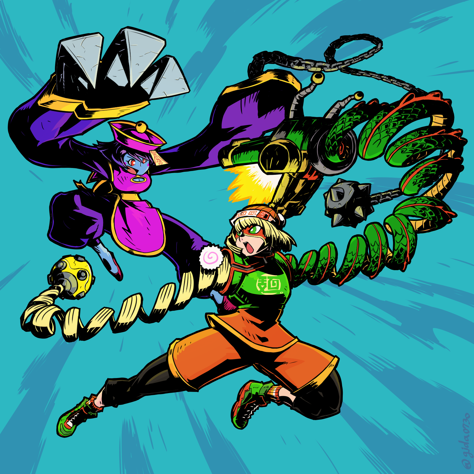 2girls arms_(game) ball_and_chain_(weapon) beanie blonde_hair blue_skin chest_guard chinese_clothes claw_(weapon) colored_skin crossover darkstalkers domino_mask dragon_(arms) fighting green_eyes green_footwear hat highres hsien-ko jiangshi leggings_under_shorts mask megawatt_(arms) min_min_(arms) multiple_girls ofuda oldwillow orange_shirt orange_shorts orange_socks red_eyes shirt shoes short_hair shorts sneakers socks extendable_limbs weapon wide_sleeves