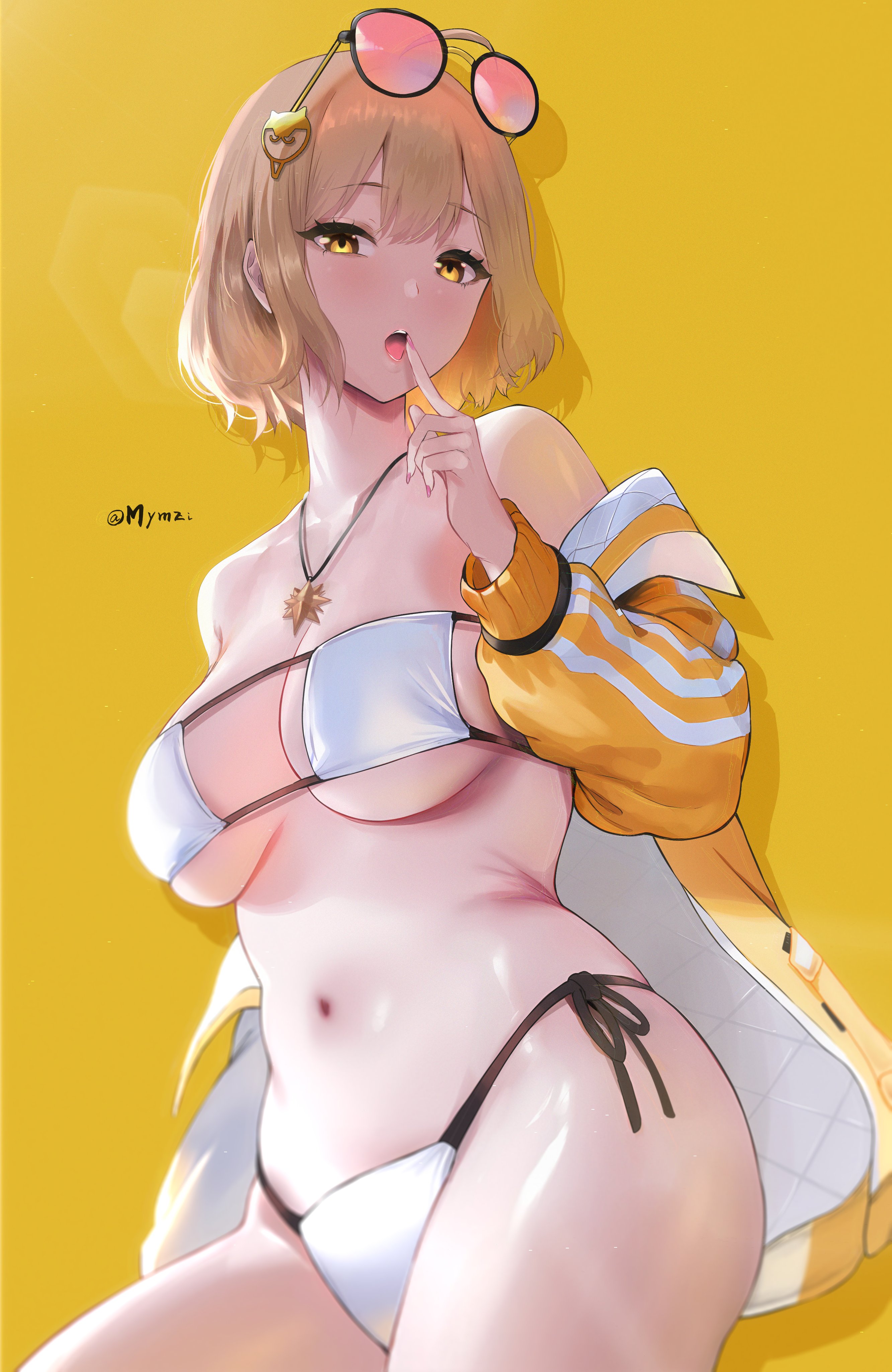 1girl absurdres ahoge anis_(nikke) anis_(sparkling_summer)_(nikke) bare_shoulders bikini blush breasts cleavage eyepatch_bikini eyewear_on_head finger_to_mouth goddess_of_victory:_nikke highres jacket jewelry large_breasts light_brown_hair mymzi mymzidraws necklace off-shoulder_jacket off_shoulder official_alternate_costume pink-tinted_eyewear short_hair side-tie_bikini_bottom solo string_bikini sunglasses swimsuit tinted_eyewear twitter_username white_bikini yellow_eyes yellow_jacket