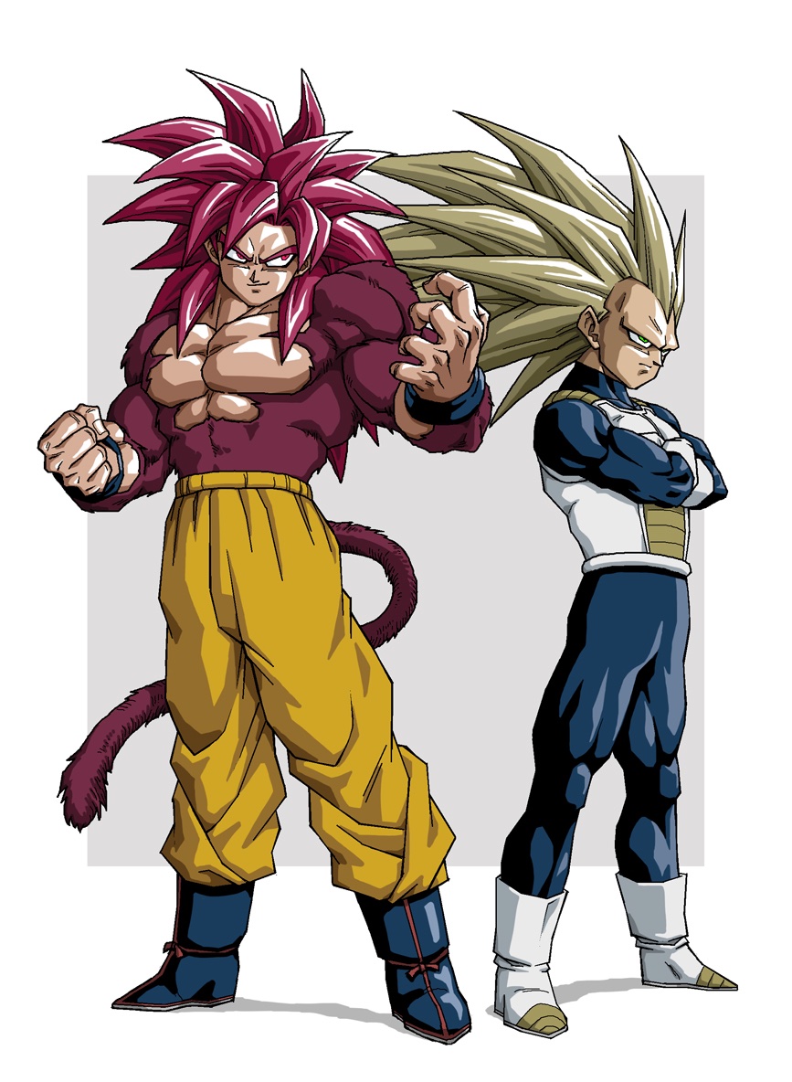 2boys armor blue_bodysuit body_fur bodysuit boots border dragon_ball dragon_ball_daima full_body gloves grey_background long_hair male_focus monkey_tail multiple_boys muscular muscular_male n_(n14542698) no_eyebrows orange_pants pants red_eyes red_fur red_hair red_tail saiyan_armor simple_background son_goku spiked_hair standing super_saiyan super_saiyan_3 super_saiyan_4 tail topless_male vegeta white_armor white_boots white_border white_gloves