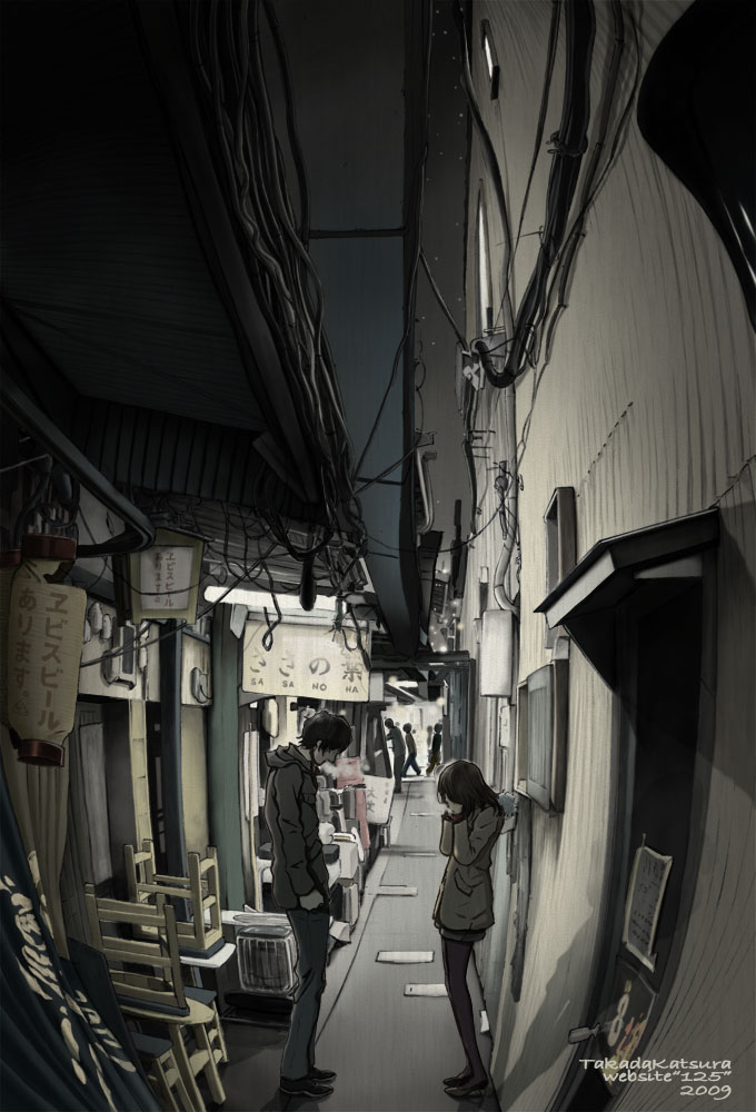 1boy 1girl alley building couple covering_face denim fisheye hetero high_heels jacket jeans pantyhose_under_shorts original pants pantyhose pantyhose_under_shorts real_world_location shoes shorts takada_katsura tears tokyo_(city) town